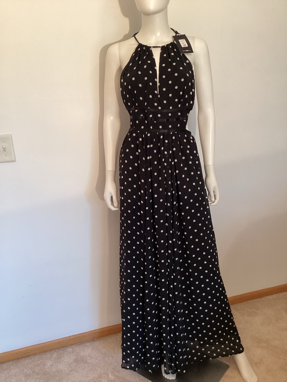 #773 Fashion Nova Black Polka Dot Halter Maxi Dress - Elegant or beach fun.